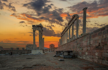 Columns of white marble on the remains of the ruins of the ancient temple of Troyan. The ancient city of Pergamon. Tourist attraction of Turkey.