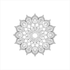A vector illustration of a mandala silhouette with a white background. The mandala has a lotus flower pattern with multiple layers. The outer layer has eight petals, the second layer has sixteen petal