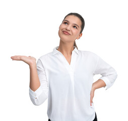 Woman wearing a white shirt, posing with a thoughtful expression, palm raised and hand on hip