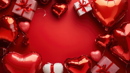 Frame made of heart shaped Foil balloons and gift boxes on red background. Valentine's Day celebration.
