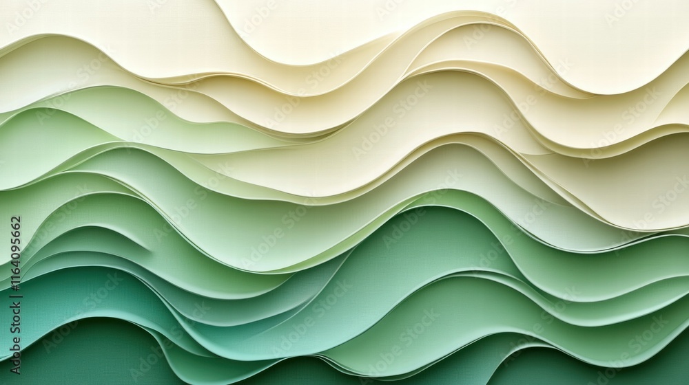 Poster Abstract layered waves in soft green and cream tones, creating a serene visual texture.