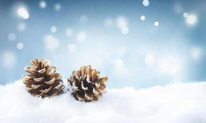 Obraz premium Two pinecones resting on a blanket of snow with a serene blue bokeh background, symbolizing winter tranquility
