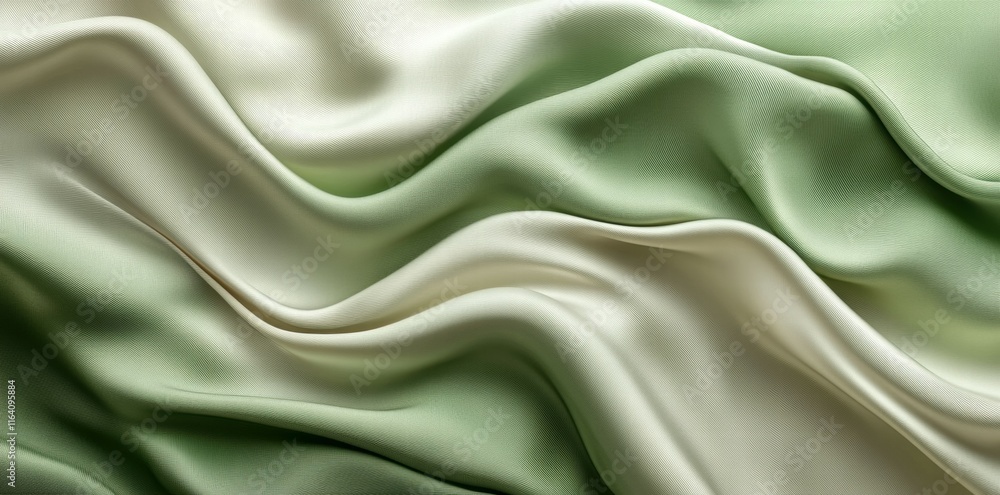Poster a close-up view of smooth, flowing fabric in shades of green and cream.