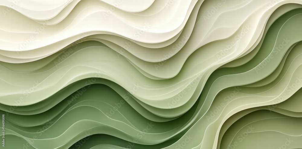 Poster abstract wavy design in shades of green and cream, creating a soothing visual texture.