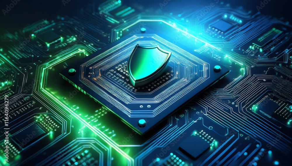 Poster a futuristic representation of a microchip with a shield, symbolizing cybersecurity and protection i