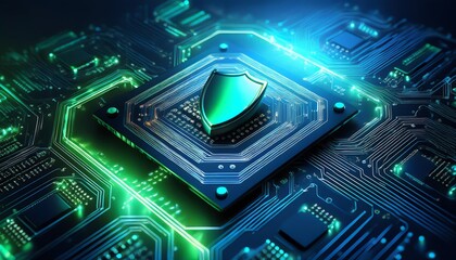 Fototapeta premium A futuristic representation of a microchip with a shield, symbolizing cybersecurity and protection in technology.