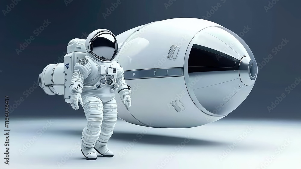 Poster astronaut exploring spacecraft outer space digital art futuristic environment side view human explor