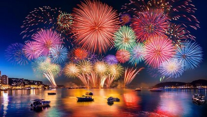 Fototapeta premium Sylvester, happy new year, new year's eve background banner - Golden firework fireworks pyrotechnics on dark black night sky