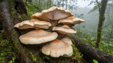 Fototapeta premium Mushrooms in Misty Jungle Setting with Soft Lighting