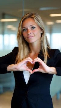 jeune femme d'affaires blonde avec blazer faisant c&oelig;ur avec ses mains
