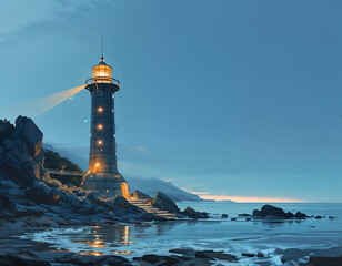 Lighthouse Guiding Through the Night: A solitary lighthouse stands tall against the backdrop of a tranquil, dusk-kissed sea, its beacon casting a warm glow across the water.
