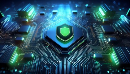 Fototapeta premium A futuristic circuit board with a shield emblem, symbolizing cybersecurity and technological advancement in a vibrant, illuminated design.