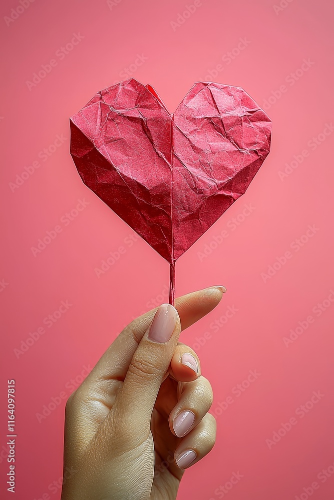 Poster red paper heart in a volumetric shape placed over hand, casting a sharp shadow on a pink background