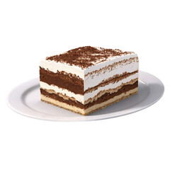 Delicious slice of tiramisu showcasing layers of coffee, cream, and chocolate on a pristine white plate