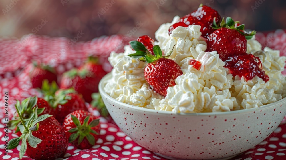 Sticker Bowl of whipped cream topped with fresh strawberries and strawberry jam.