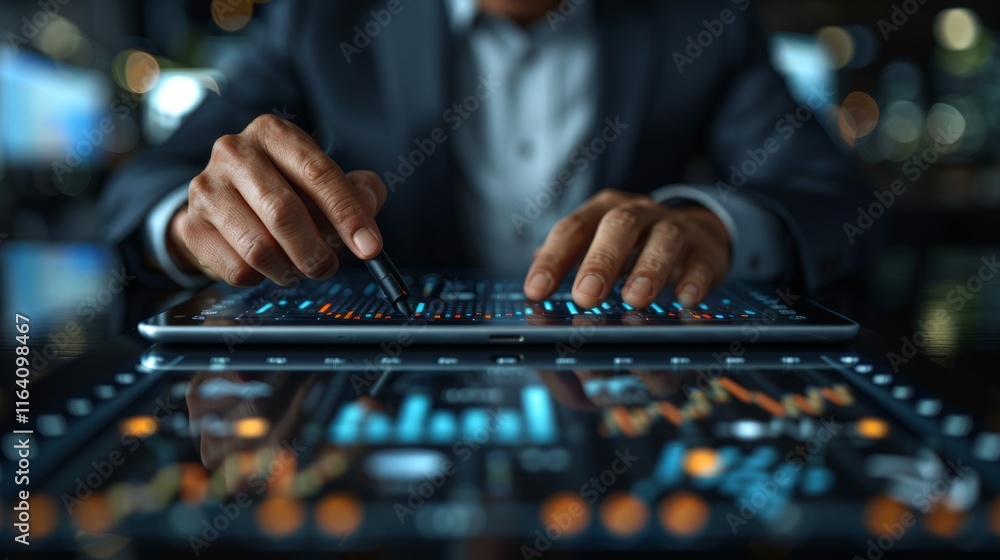 Poster businessman analyzing data on tablet, hands using stylus, graphs and charts displayed.