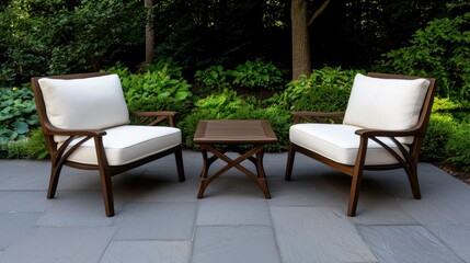 Relaxing outdoor seating arrangement garden furniture natural setting eye-level view cozy ambiance