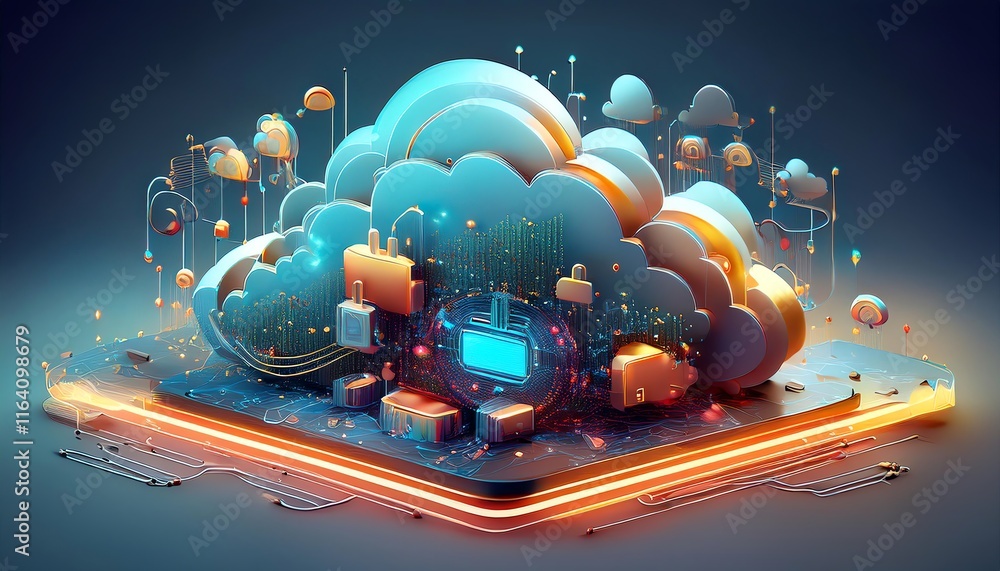Poster a vibrant, digital representation of cloud computing, featuring stylized clouds, data storage icons,