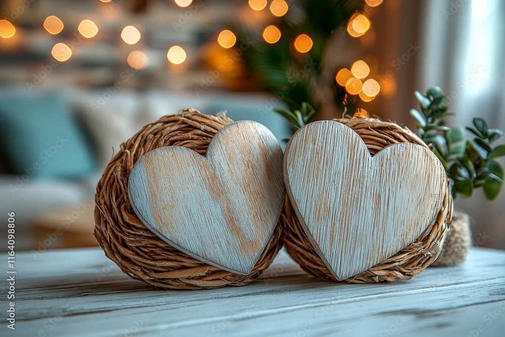 Poster valentines day background featuring an empty pastel color wooden table for product display, bokeh li