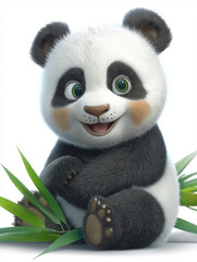 Fototapeta premium Baby panda Clipart 3D, sitting with a playful expression, big sparkling eyes, and a soft fur texture, surrounded by bamboo leave