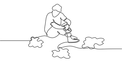 One line drawing of a man sitting in front of puzzles, representing mental focus and the pursuit of answers.