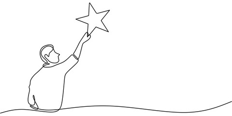 One line drawing of a man holding a large star, symbolizing aspiration and achievement.