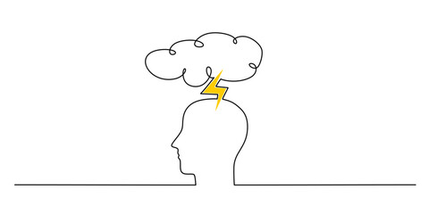 Continuous one line drawing of clouds with lightning above a man’s head, representing stress and tension.