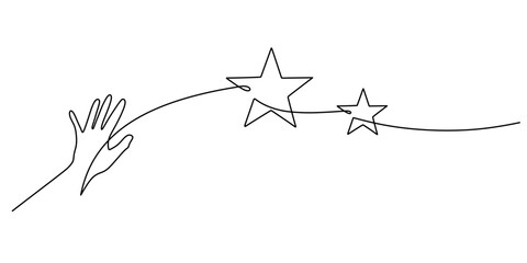 Continuous one line drawing of a hand reaching for stars, representing hope and the pursuit of greatness.