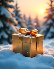 Paquet cadeau dor&eacute; luxueux dans la for&ecirc;t enneig&eacute;e
