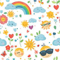 Cute cartoon seamless pattern with Earth, sun, and rainbow, earth day pattern