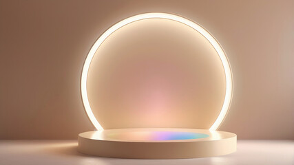 Dreamy beige podium with subtle rainbow reflections, perfect for showcasing purity, hydration, and refreshing beauty products in a minimalist design