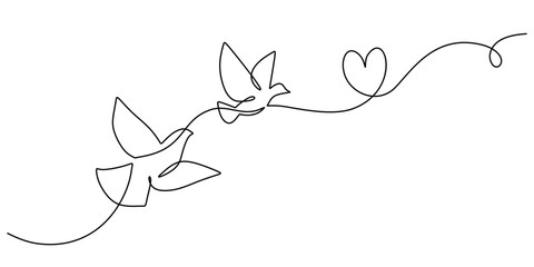 One line drawing of birds and a love symbol, symbolizing freedom, love, and connection.