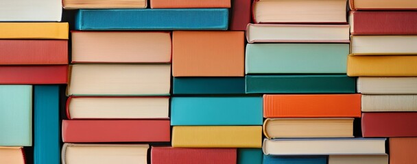 Colorful stack of books, top view.