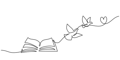 Continuous one line drawing of an open book, birds, and a love symbol, symbolizing learning and liberation. © berkahlineart