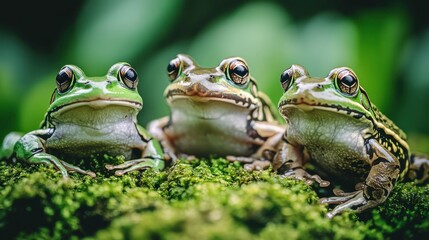 Naklejka premium Three Frogs Hopping Across Mossy Rocks in Jungle