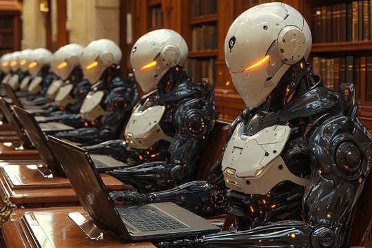 A robot perches at a desk in a library, enveloped by books and deeply engaged in a study or research endeavor