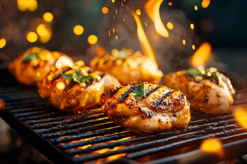 A Jamaican jerk chicken being grilled over open flames, with smoke and spices filling the air