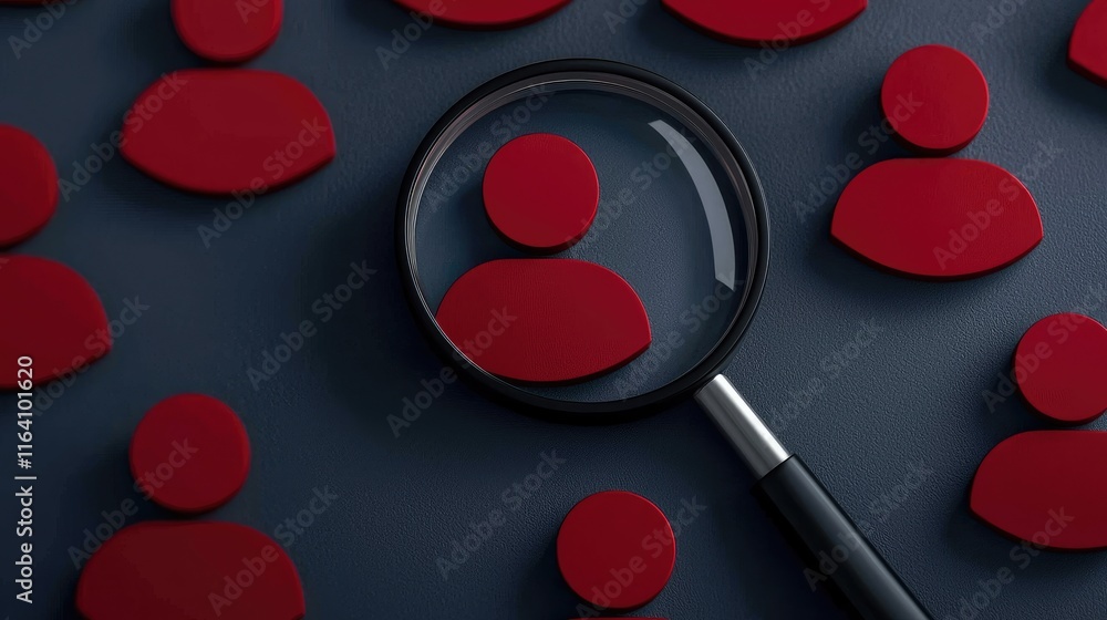 Poster analyzing user behavior with magnifying glass on red figures digital workspace infographic close-up 