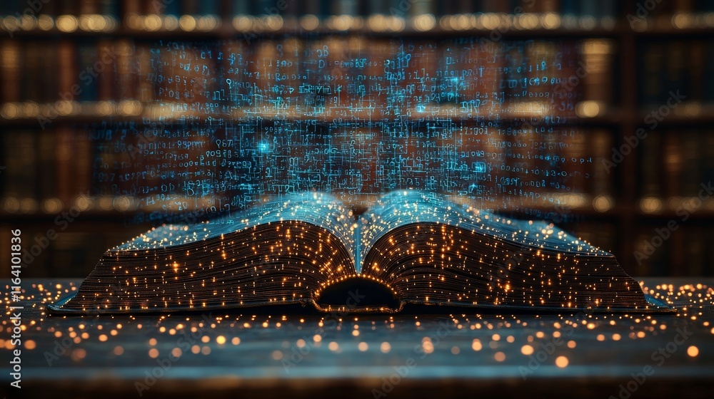 Poster magical light shining from an open book in a dimly lit library. this conceptual image embodies the q