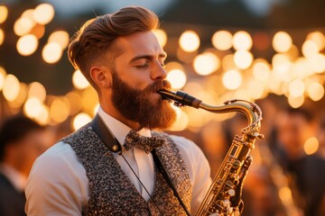 A classic 1920s jazz band in sharp suits and flapper dresses, performing at a glamorous Gatsby-style party