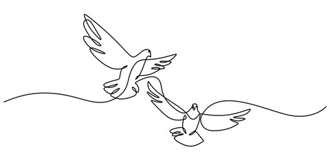 Couple of doves flying in continuous line drawing, symbolizing freedom and unity.