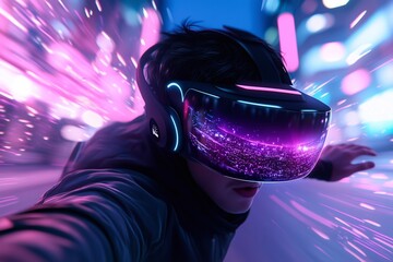 A gamer immersed in virtual reality, wearing a glowing VR headset with neon lights and a futuristic cityscape reflection. Generative AI.
