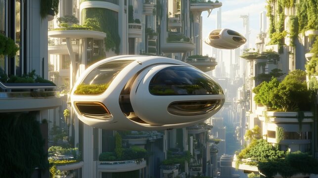 A futuristic eco-city with modern architecture, lush greenery, and advanced hovercars floating between vertical gardens. Generative AI photo.