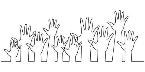 Continuous line drawing of hands raising, symbolizing teamwork and collaboration.