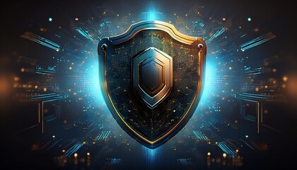 Fototapeta premium A futuristic shield emblem surrounded by glowing digital elements, symbolizing security and protection in a technological environment.