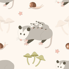 Opossum with three young on its back. Didelphis marsupial, snail and mushrooms. Seamless repeat pattern. Forest animal illustration.Trendy flat vector illustration. Hand-drawn 100 % pure vector.