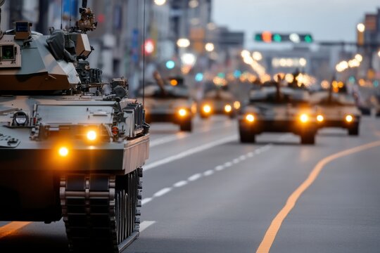 An evening view of tanks advancing through city streets, illuminated by street lights, reflecting a blend of urban life with military presence and power.