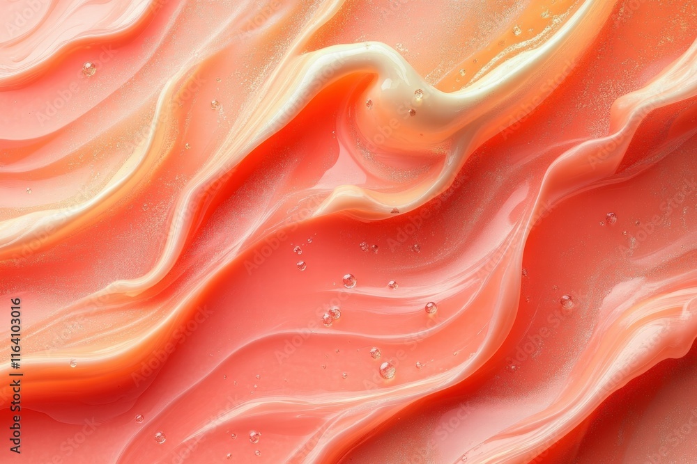 Poster a close-up of smooth, flowing coral-colored cream with bubbles, suggesting texture and depth.