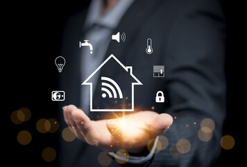 Human use smartphone house smart home automation control system app, IOT, connected object,...