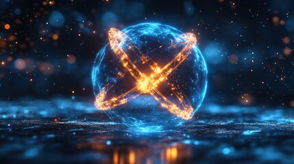 Glowing blue sphere with fiery orange cross inside, sparkles and bokeh background.
